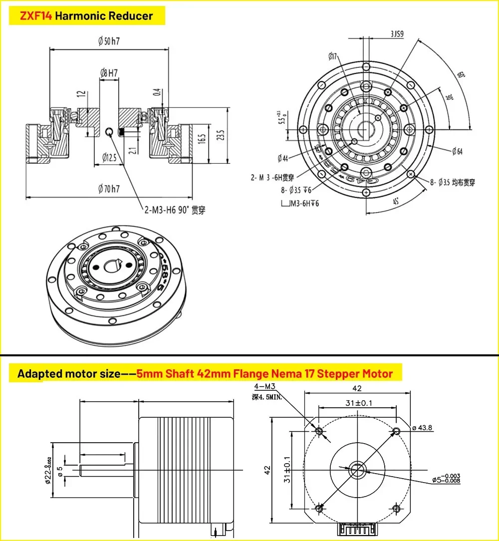 Precision Harmonic Drive Gearbox for Nema 17/23 Stepper 40-130mm Servo Motors High Torque Compact Laser Cutting Head Positioning