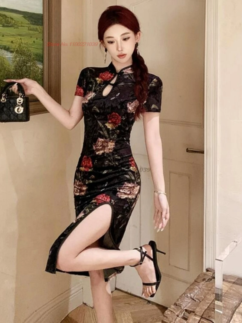 

Китайское сексуальное Ципао 2021, традиционное бархатное вечернее платье Ципао с цветочным принтом, сексуальное платье Ципао для ночного клуба, ретро, банкетное вечернее платье