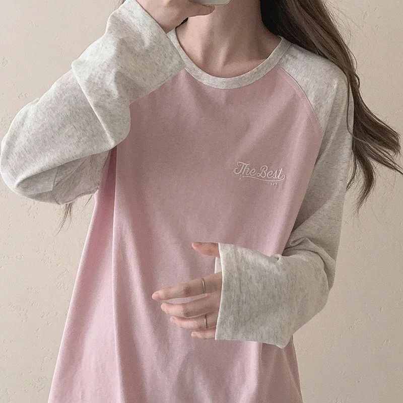 Cute Tops Tee Women Long Sleeve White Gray Pink Patchwork Letter Embroidery Loose Thin Tshirt for Sweet Girls Kawaii Clothes