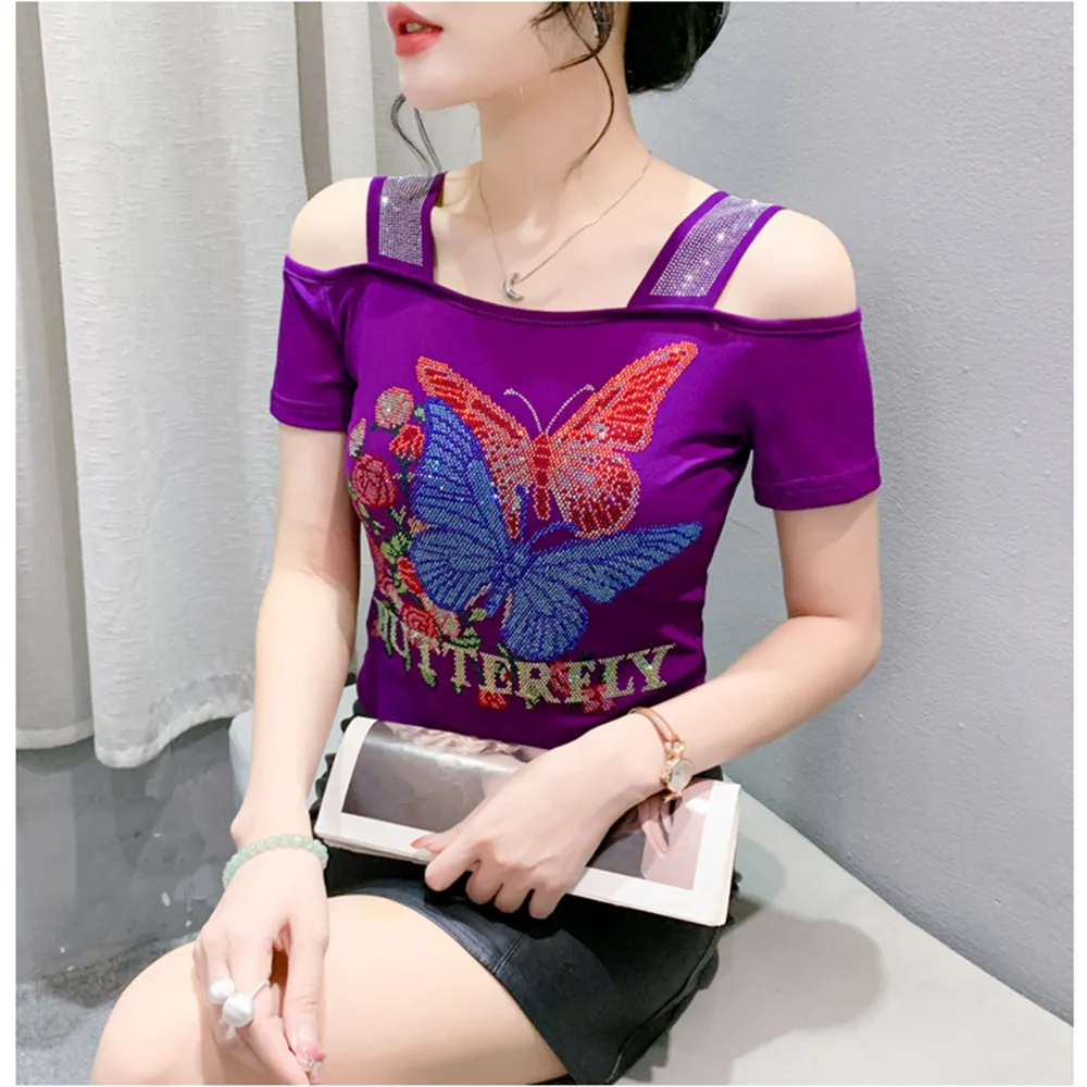 New 2024 Summer Short Sleeved Sexy Off The Shoulder Women's T-Shirt Fashion Casual Hot Drilling Mesh Tops M-3XL Purple Blusas