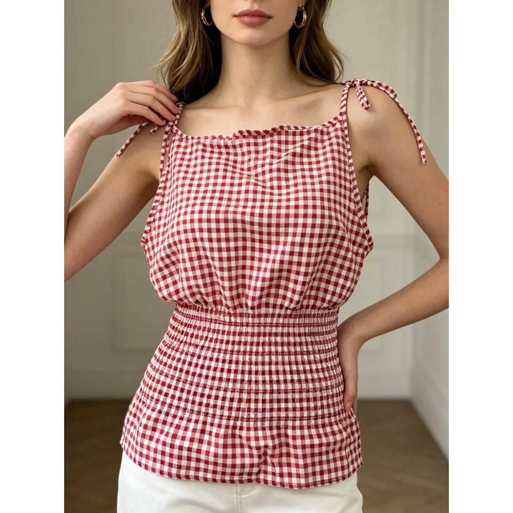 2026 summer red and white checkered lace up waist ruffle top, sweet girl style sleeveless vest, spicy girl foreign trade wholesa