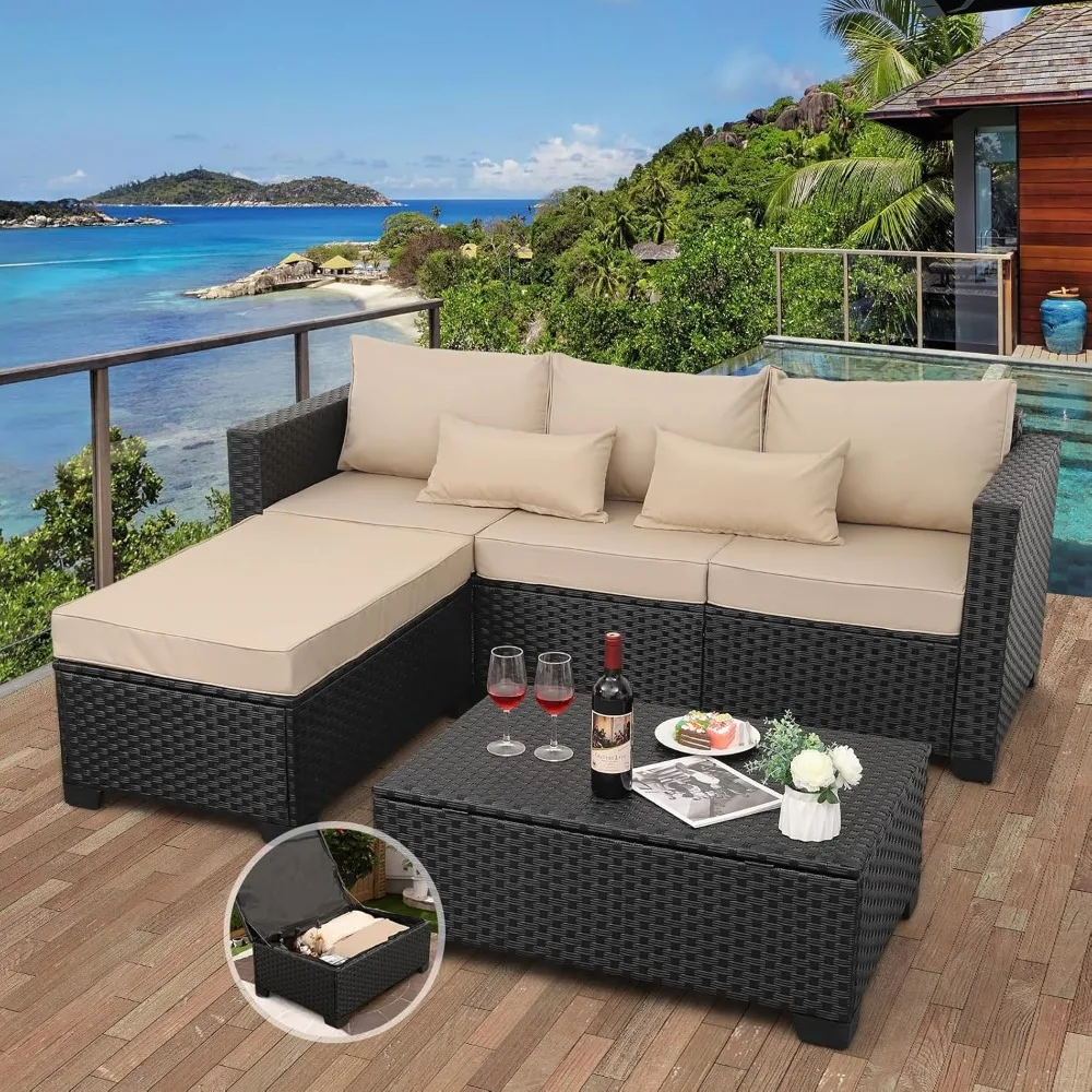 3 Pieces Patio Furniture Set Outdoor Sectional Wicker Patio Furniture Patio Couch with Ottoman and Outdoor Storage Table