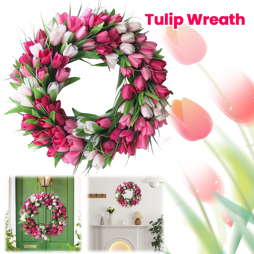 

19,7-дюймовый венок-тюльпан для входной двери, весенний венок, искусственные цветы тюльпана, день матери для наружной стены внутреннего окна