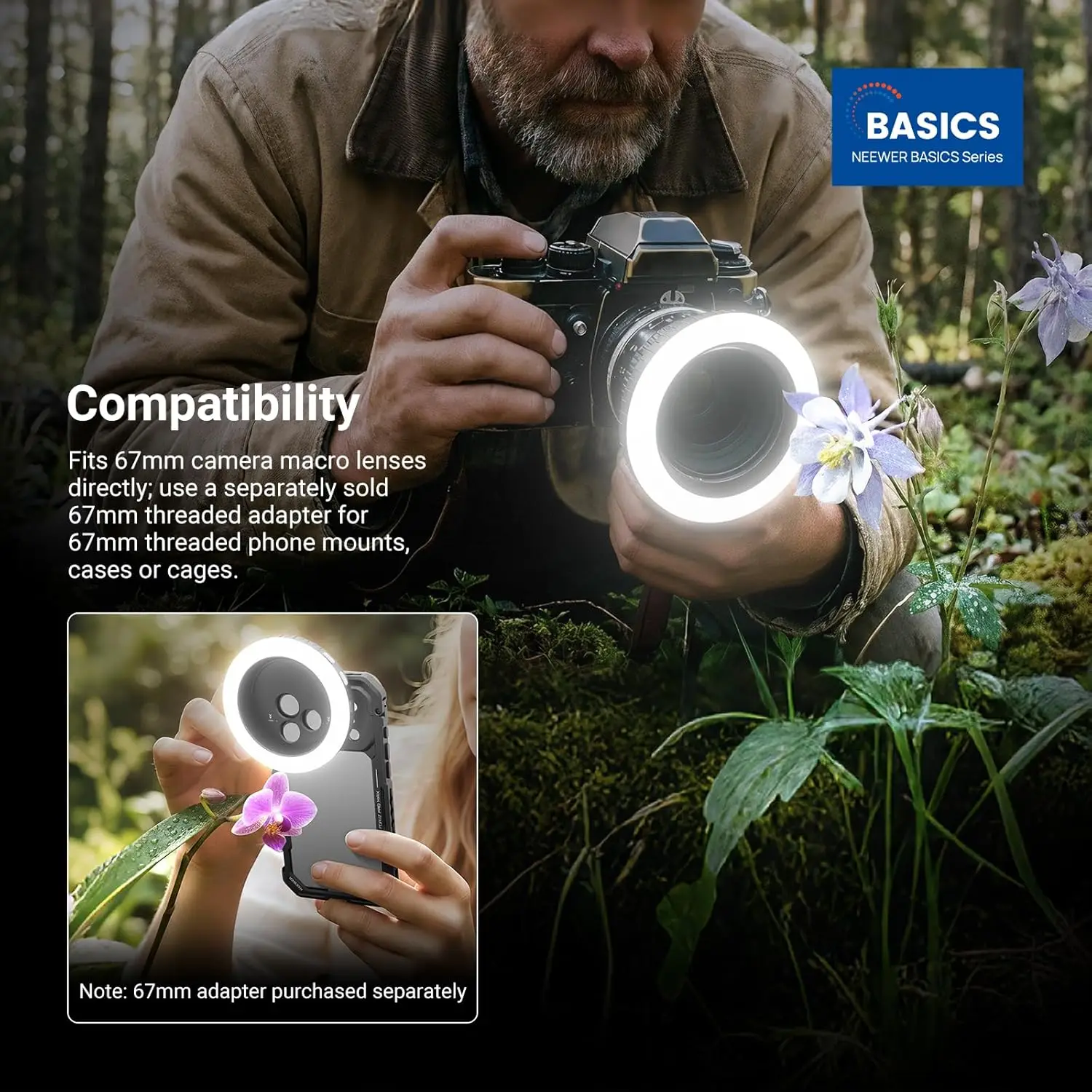 NEEWER Basics 67mm Pierścieniowa Lampa z Gwintem 67mm do Uchwytów/Etui/Obiektywów do Telefonów, Ładowalna Dwukolorowa Lampa LED do Selfie i Fotografii — zdjęcie produktu 2