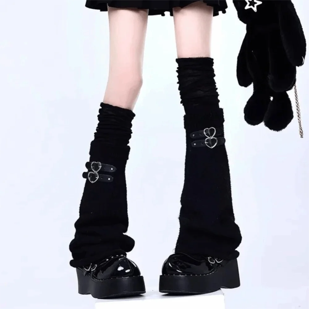 New Leather Buckle Knitting Leg Warmers Y2k Over Knee Length Knee High Socks Black Breathable Flare Long Leggings Girls