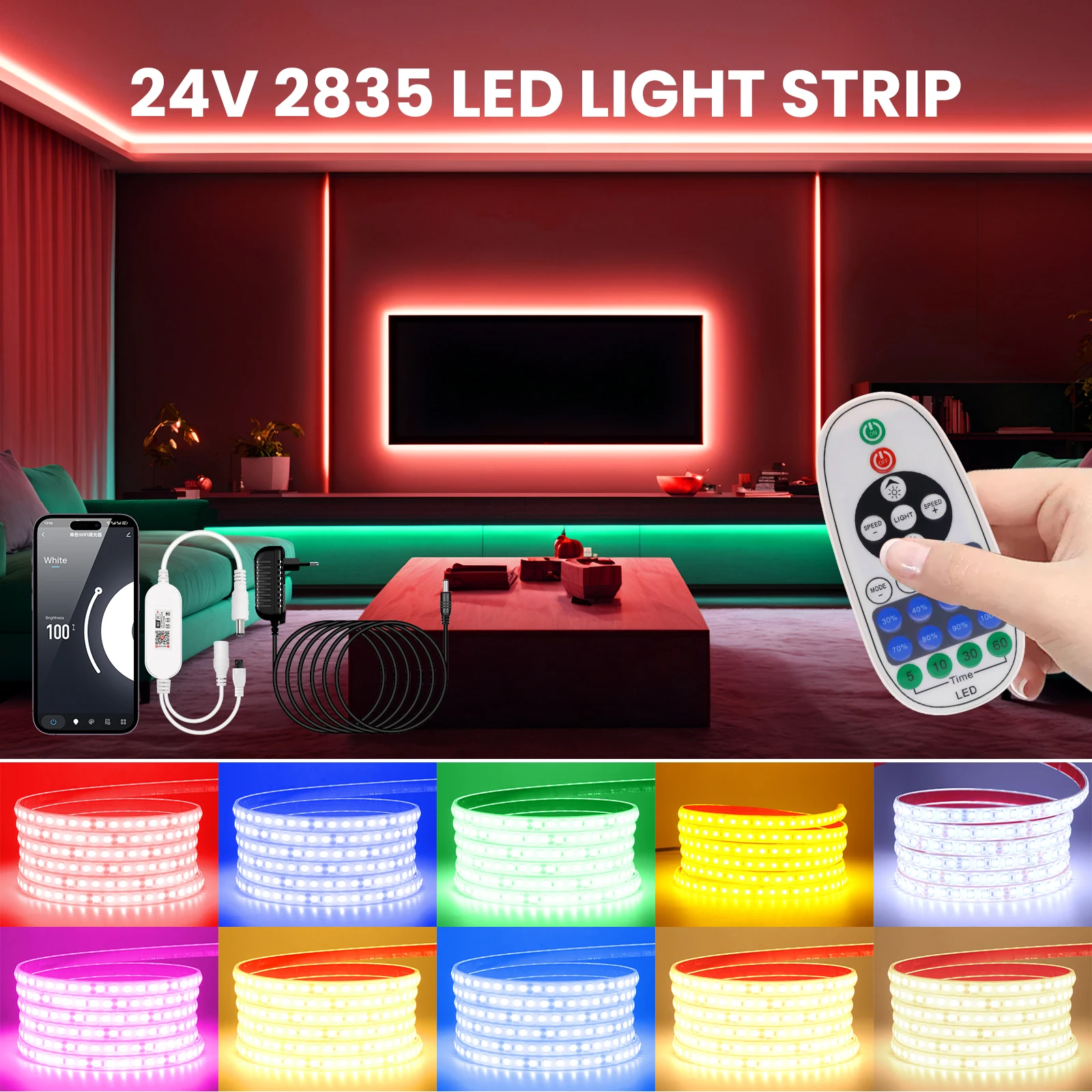 WIFI Dimmerable LED Strip 24V IP68 Waterproof 120Leds/M 1M-10M Red Ice Blue Green White Pink Yellow Flexible Ribbon Rope Light