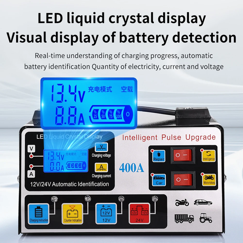 Caricabatteria intelligente per impieghi gravosi 400A Display LCD caricabatteria per auto caricabatteria intelligente per riparazione a impulsi