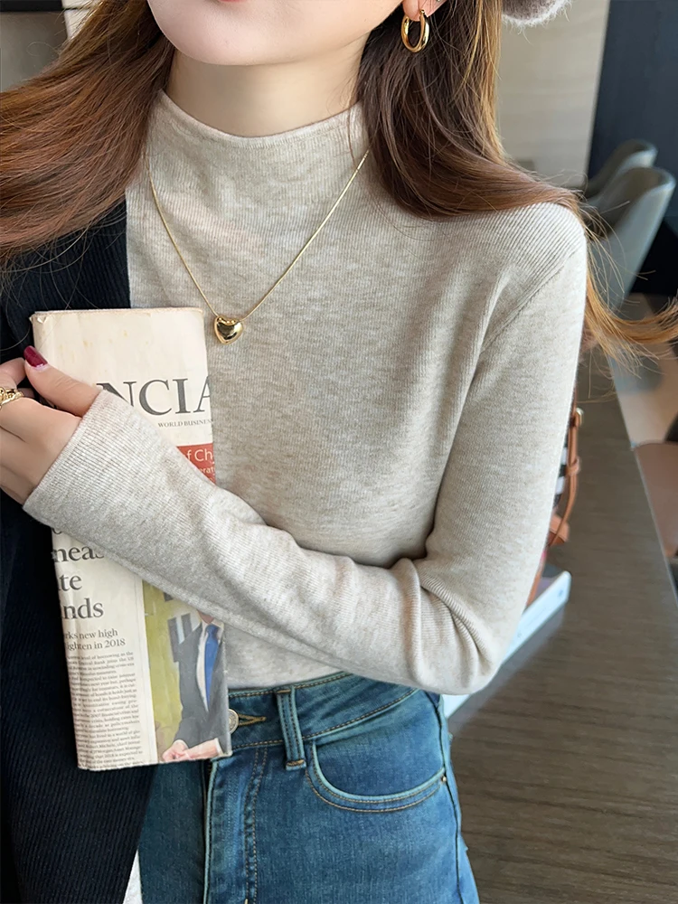 New White Mock Neck Knitted Knitwears Sweater Women Pullovers Long Sleeve Knit Sweater Pullover Women Tops Sueter Feminino Q2165