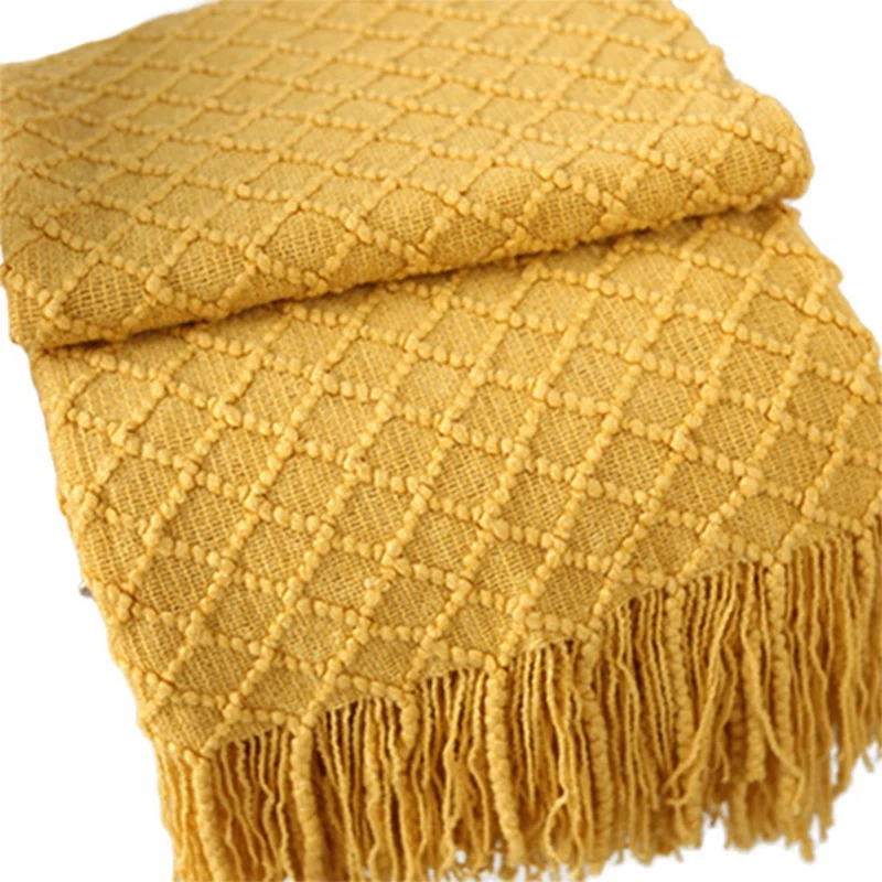 

1 Pcs Knitted Throw Throw Blanket Tassels Air Conditioned Blanket & 1 Pcs Tassel Bedside Rug Geometric Floor Mat