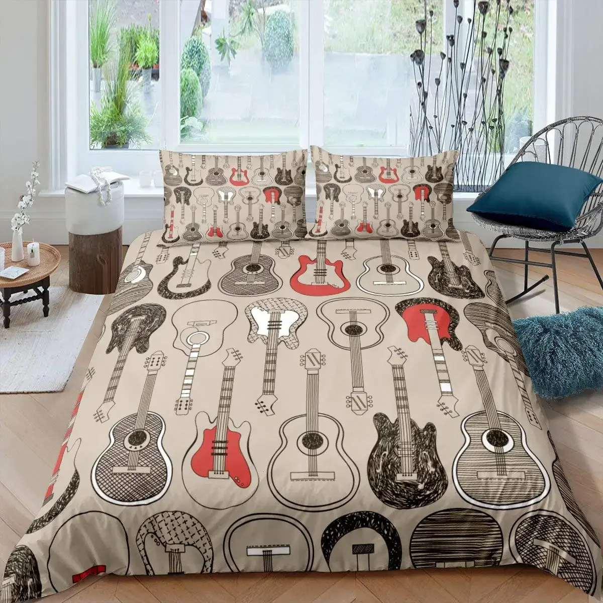 Modern Beige Dark Blue Duvet Cover Acoustic Guitar on Retro Murky Background Music Notes Melody Illustration Bedroom Decorative