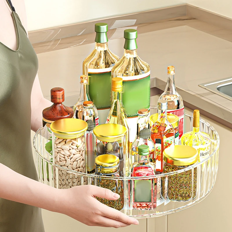 Rotating Storage Tray Organizer for Kitchen Seasoning Spice Drink Tray Transparent Turntable Cosmetic Organizer Turntable Rack