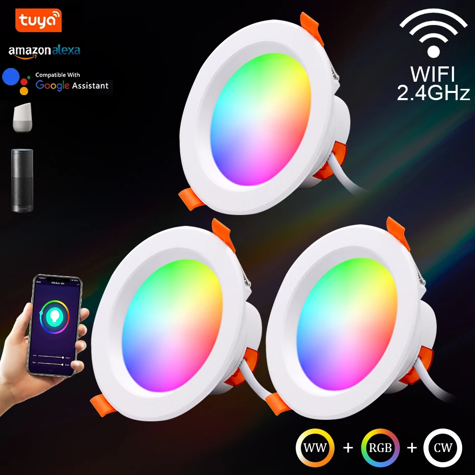 

5W 7W 9W 15W Tuya WiFi RGB Spot Led Downlight RGB Warm White Dimmable Indoor Lights 110V 220V Alexa Google Home Voice Control