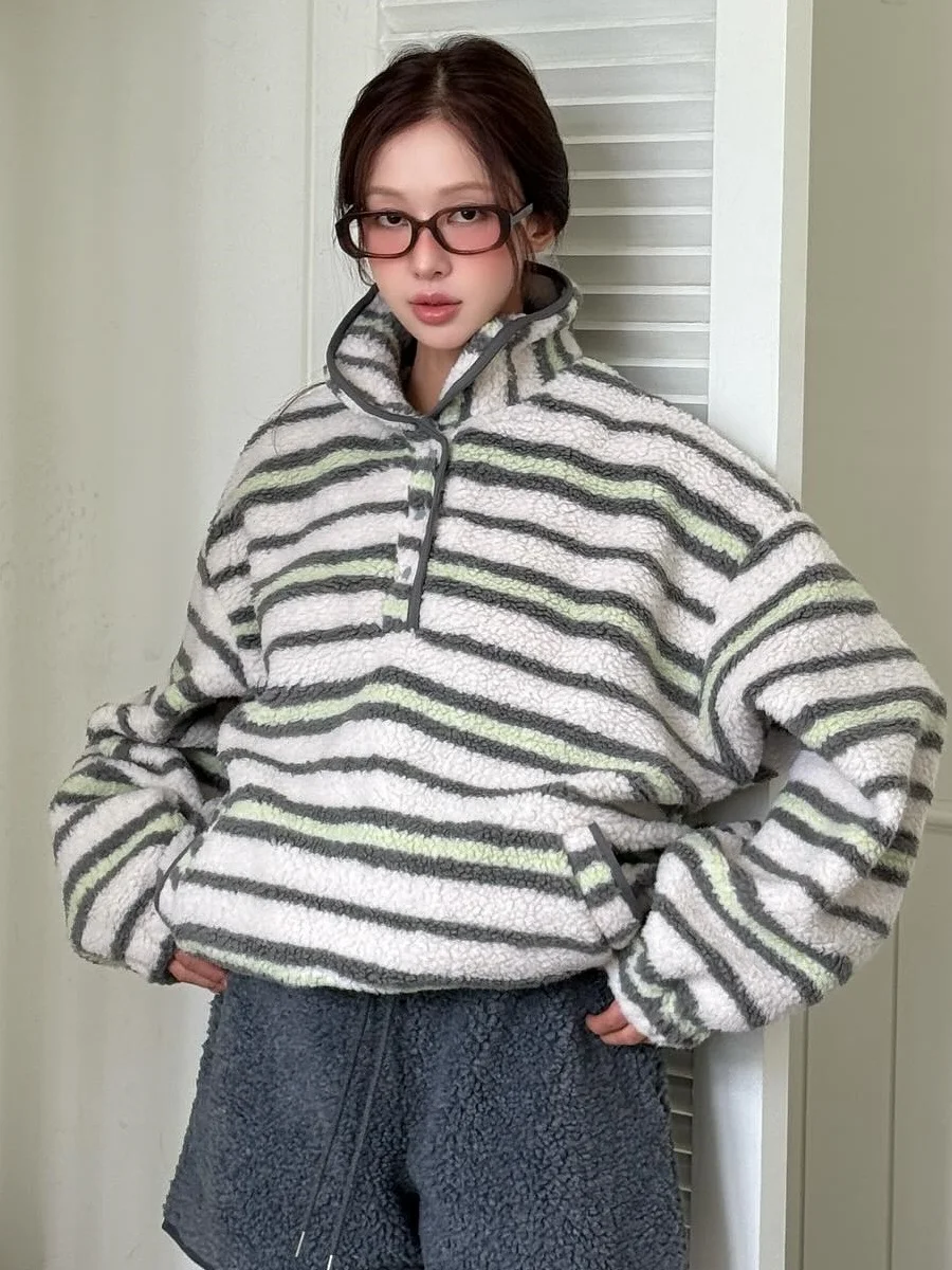 الرجعية كسول Sle فضفاض عارضة مخطط f سستة فرو الضأن البلوز ملابس خارجية تصميم تخفيف طويل Sve شريط نمط #1