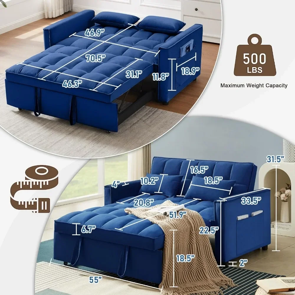 Sofa Bed Convertible 3-in-1 Multi-Functional Velvet Pull-Out Sofa Bed, 55'' Loveseat Adjustable Backrest and Pillows, Blue Couch