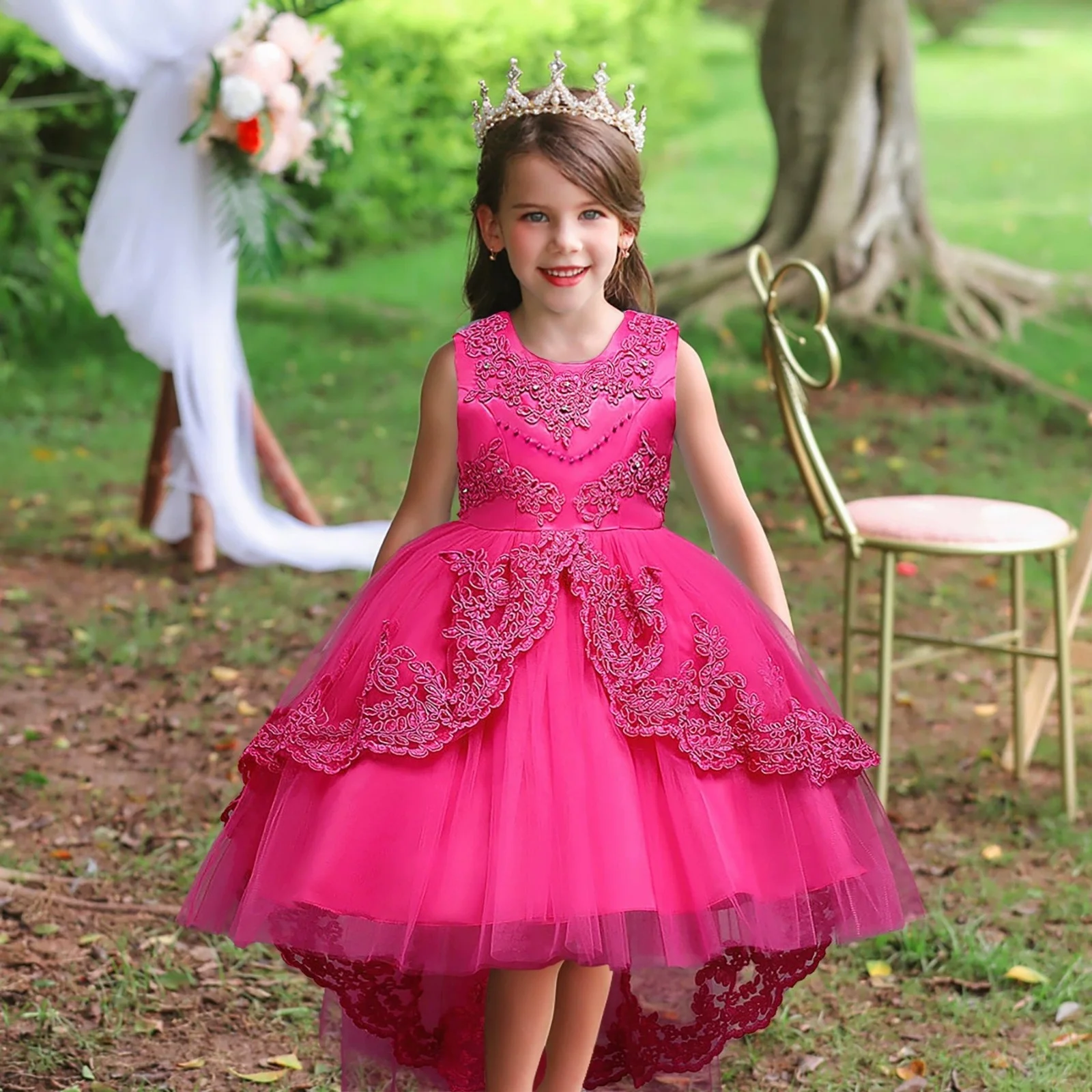 

2025 Elegant and Beautiful Kids Banquet Dress Delicate Embroidery Tulle Dress Graduation Performance Clothing Princess Gown