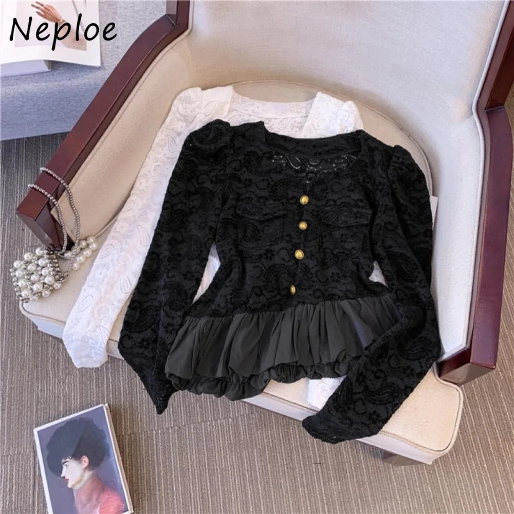 Neploe Simple Ruffles Slim Fresh Women Shirt Office Lady Hollow Out Advanced French Style Veste Femme Elegant Literary Blouses