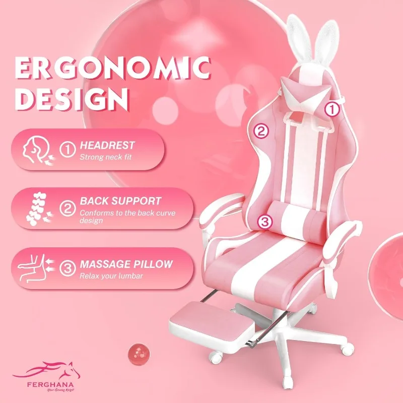 Silla de juego rosa Kawaii con Orejas de conejo, silla de juego de ordenador de oficina de cuero reclinable de carreras de 250 libras
