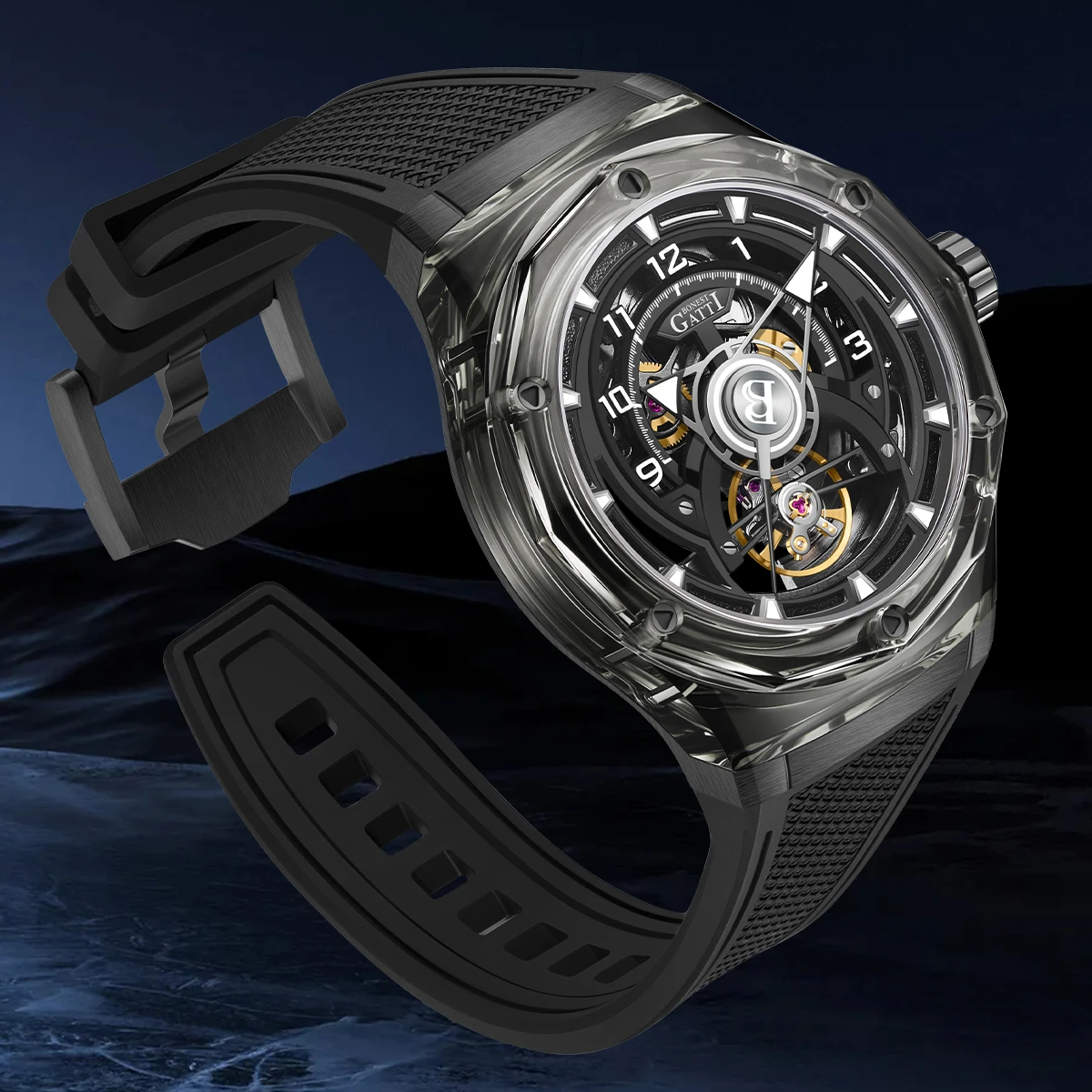 Bonest Gatti ساعة رجالية فاخرة عالية الجودة من الياقوت المكرر حافظة شفافة مضيئة ساعة ميكانيكية أوتوماتيكية للرجال