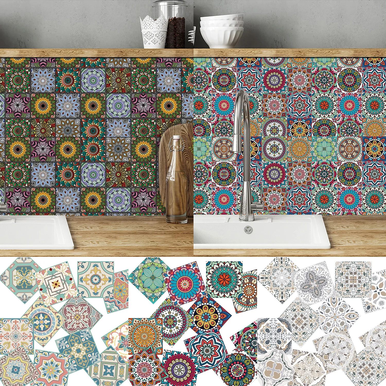 Mandala flower tile stickers self-adhesive ceramic tile stickers kitchen bathroom wall renovation decorative stickers 10/15/20cm