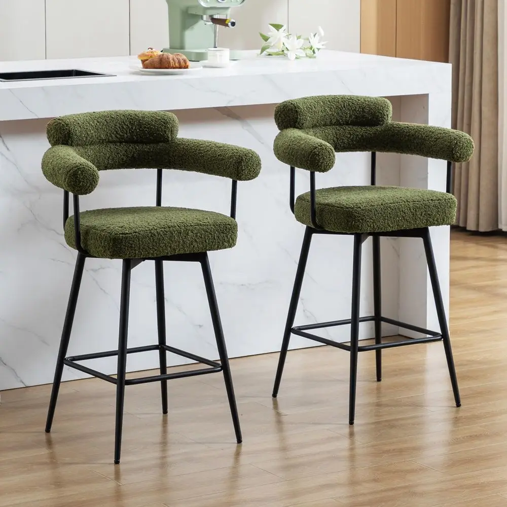 

Counter Height Stools with Full Back, 26 Sherpa holstered Bar Stools with Padded Back, Metal Footrest, Modern Bar Stools for