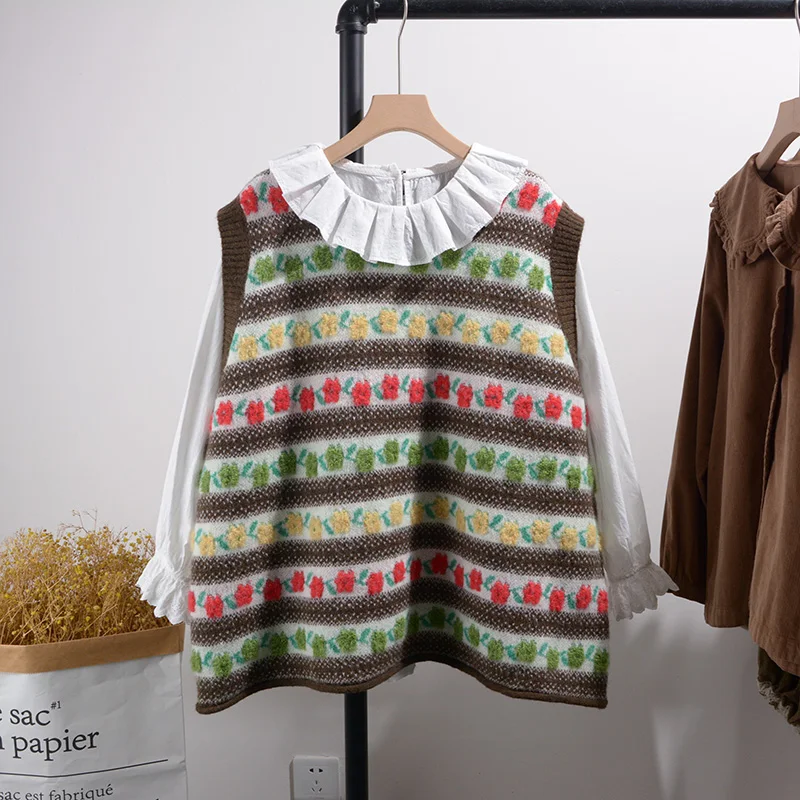 

Spring New Arrival Sli Large Size round Ne Pullover Vest 3D Floral College Sle Versatile Svel Jaet for Women