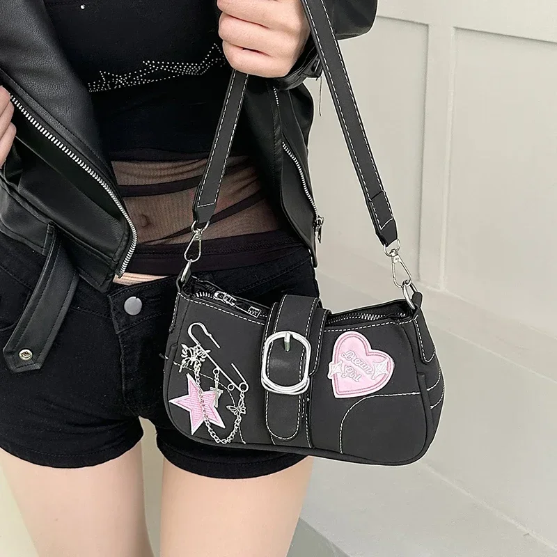 Bolso pequeño De hombro negro Y2k, bolso De moda para mujer, nuevos bolsos con cadenas y apliques para mujer, tendencia 2024, bolso De lujo para mujer