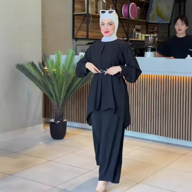 2025 New Muslim Ramadan Suit Comfortable Casual Abayas for Women Waist Batman Long Sleeve Solid Color Pants Suit