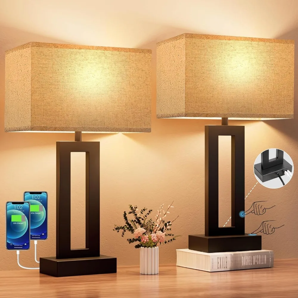 Touch Lamps for Nightstand with USB Charging, LED Bulb, and Fabric Shade