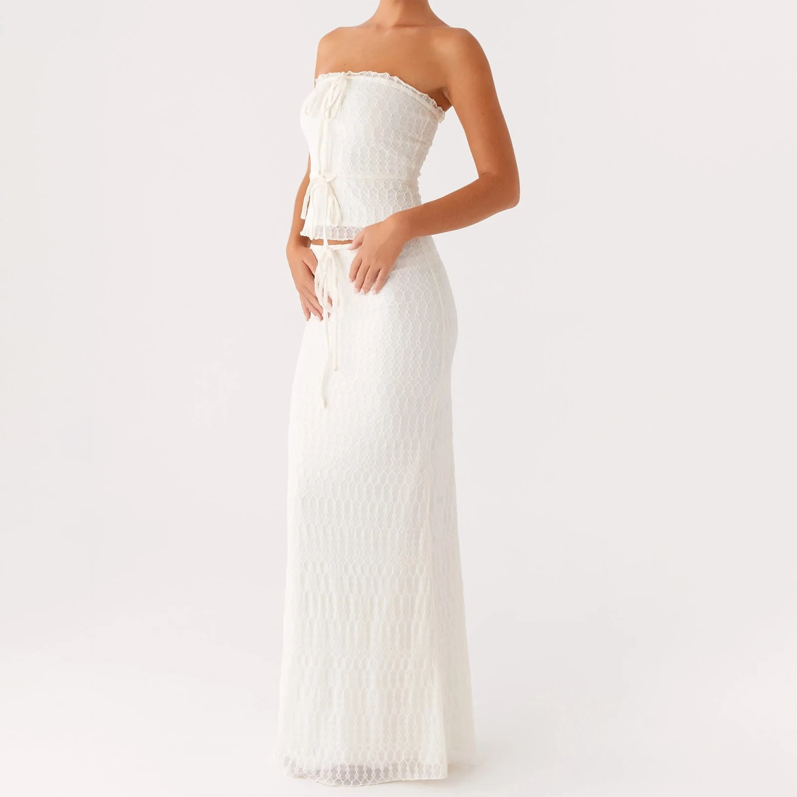 新しい女性の夏の衣装無地クロップ巾着バンドーと弾性ロングスカートセットストリート美的服