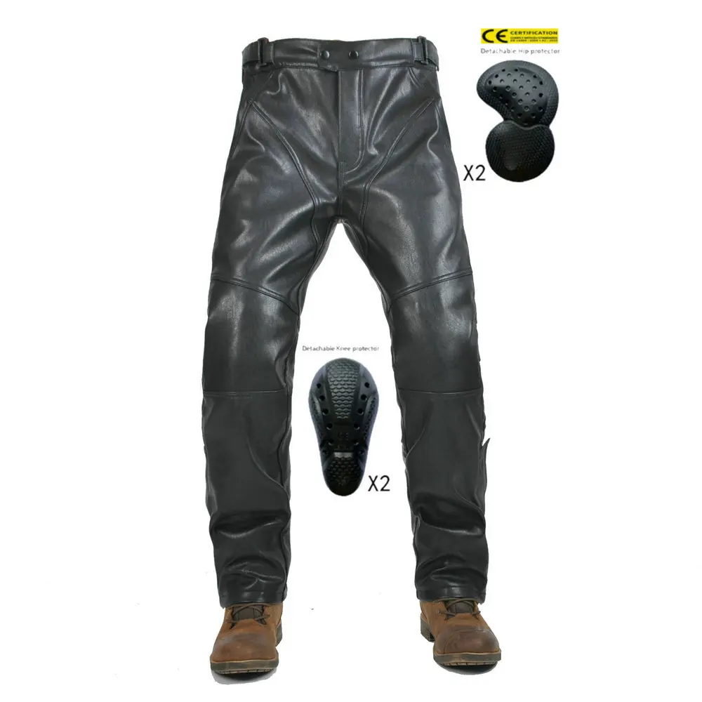 Waterproof Men's Motorcycle Quick Release Pants Winter Motorcycle PU Leather Pants Windproof Motocross Pants with Knee Pads