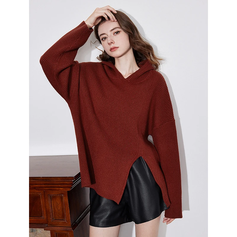 TOYOUTH Women Knitted Sweater 2024 Autumn Winter New Ankela Red Hooded Off Shoulder Open Slit Knitted Woolen Pullover Tops