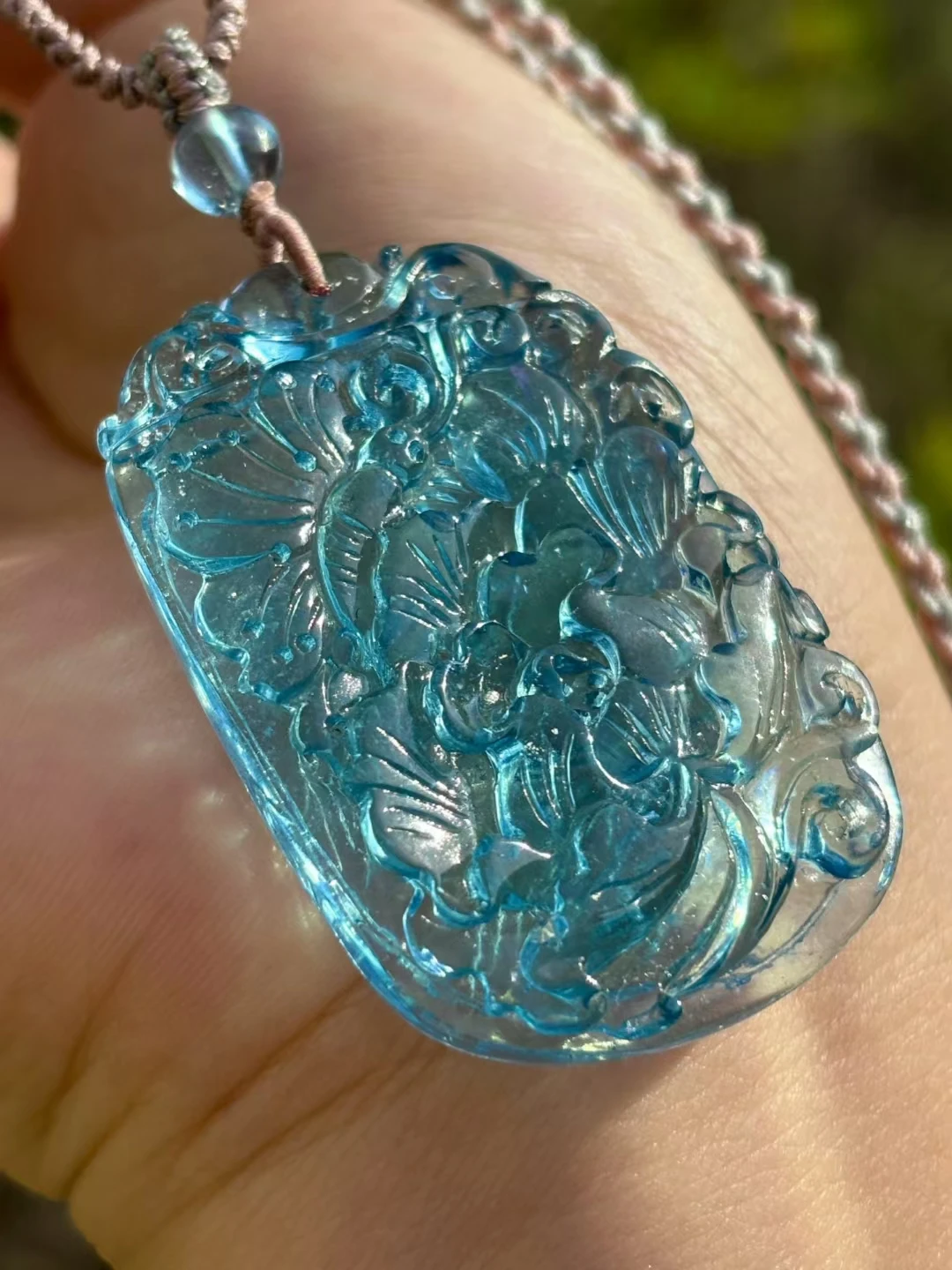 Natural Blue Aquamarine Quartz Pendant Flower Brazil Women Men 47x32mm Aquamarine Deep Blue Necklace AAAAA