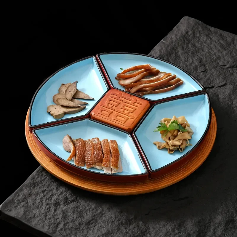 Creative Ceramic Round Snack Plate Happy Character Design Fruit Dish Artistic Chinese Style Cold Platter Four Grid Brine