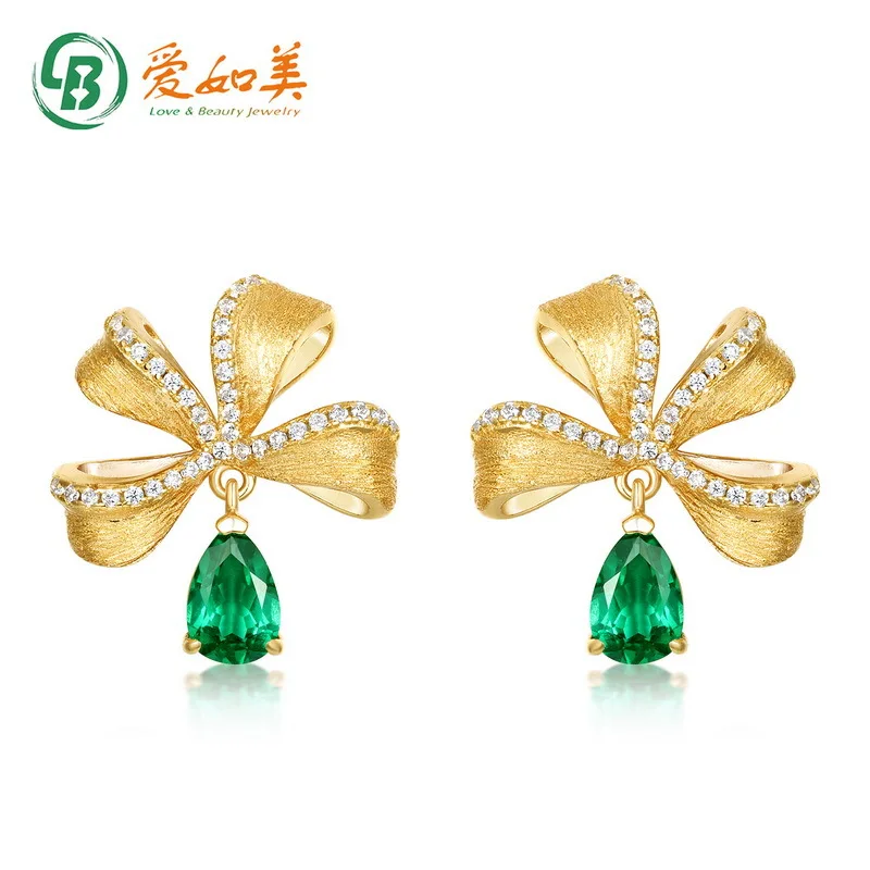 

Cultivate Emerald Earrings with Light Luxury 18K Gold PT950 Platinum Silver Plated 7-layer Gold Bow Brushed Earrings
