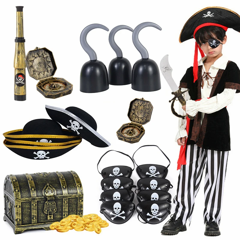 Pirates Captain Cosplay Costume Accessories Set Hat Hook Skeleton Eye Patch Kids Favors Toy Pirate Theme Party Halloween Supplie