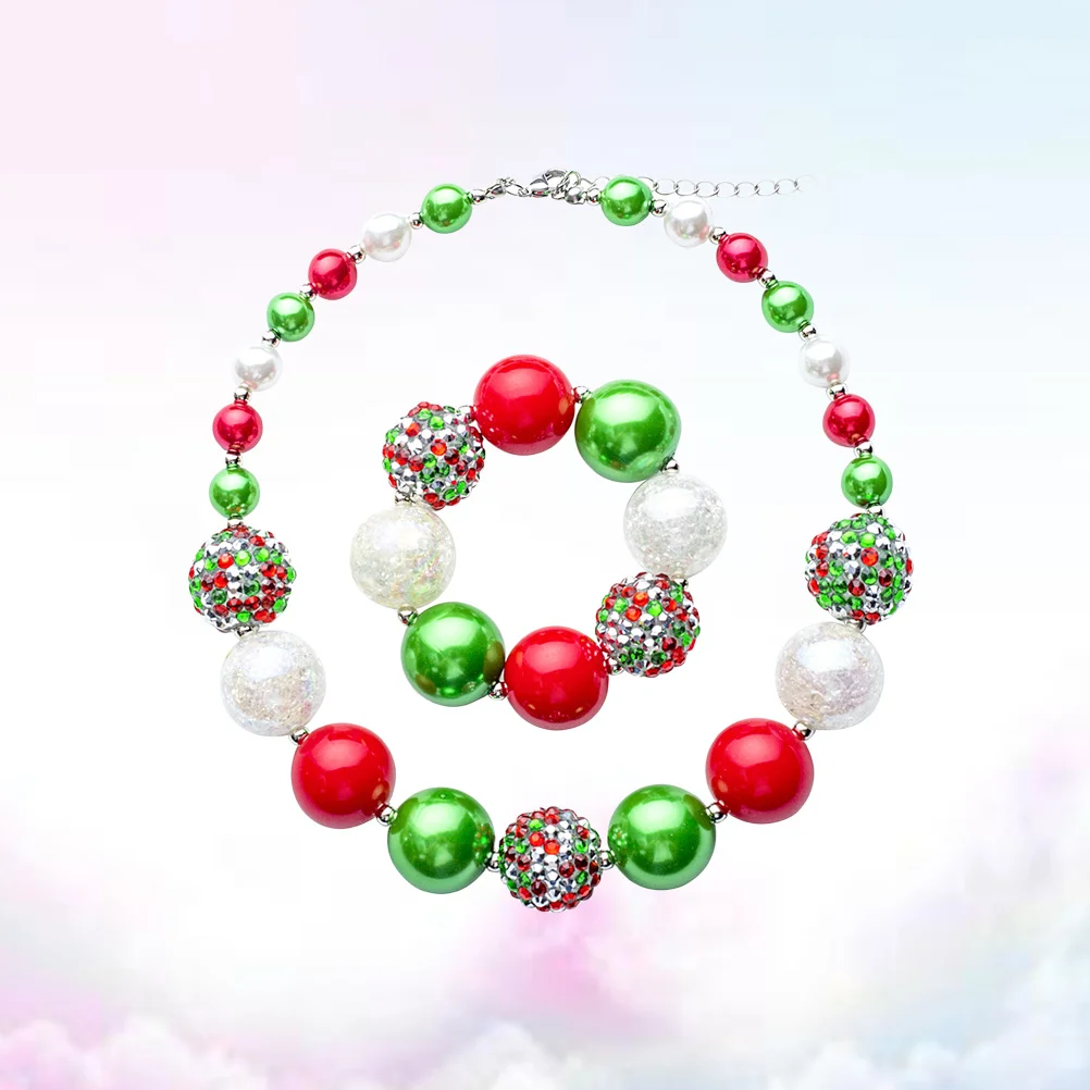 Conjunto de collar y pulsera de cuentas gruesas, joyería verde para niñas, collar para fiesta de Navidad, joyería para niñas