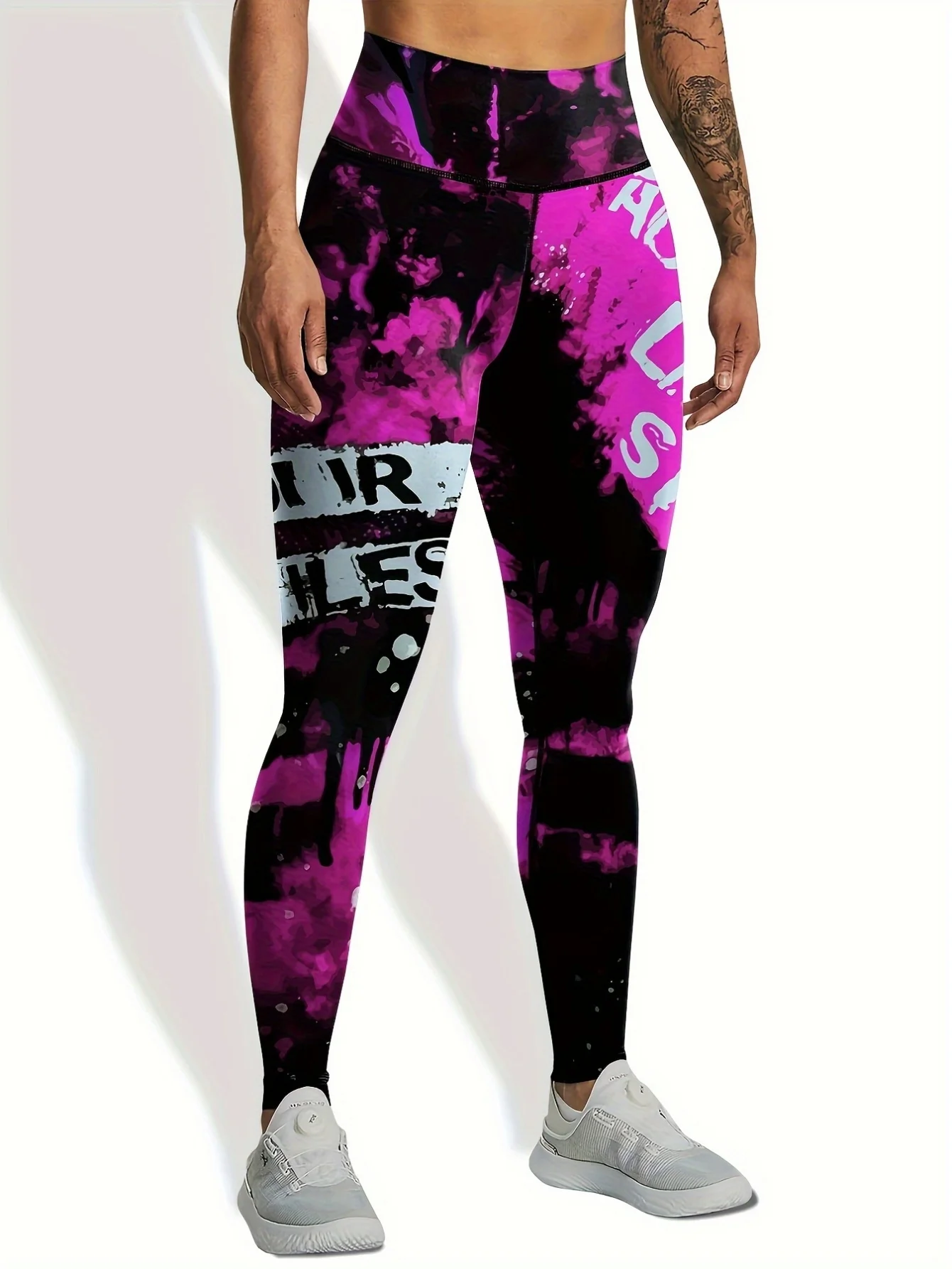 Yoga Pants, Women's High‑Waist Purple Tie‑Dye Letter Graffiti Print Stretch Leggings, Buttery‑Soft Full‑Length Gym Workout Running Casual Active Pants