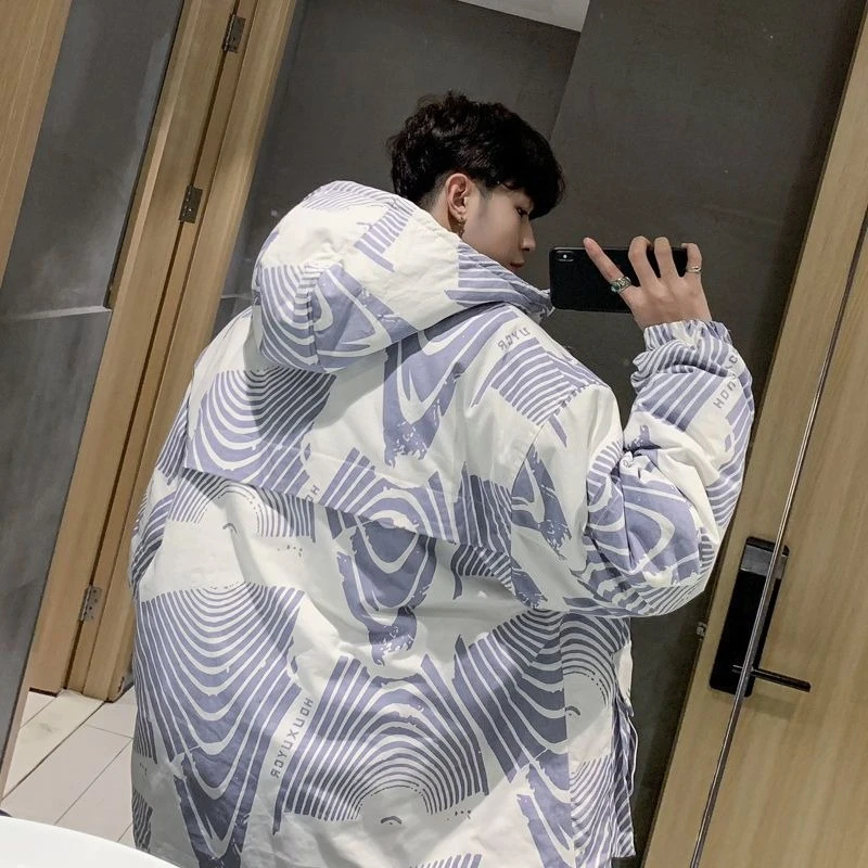 معطف شتوي من القطن فضفاض للزوجين مبطن بالقطن مع طباعة بورسلين أزرق وأبيض ملابس خارجية عصرية للرجال والنساء #4