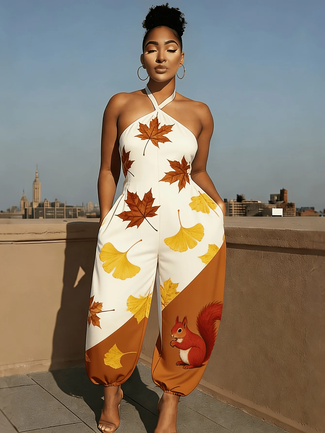 

Autumn Themed Maple Leaf Print Halter Jumpsuit Contrast Color Sleeveless Backless High Waist Loose Outfit for Commute Vacation