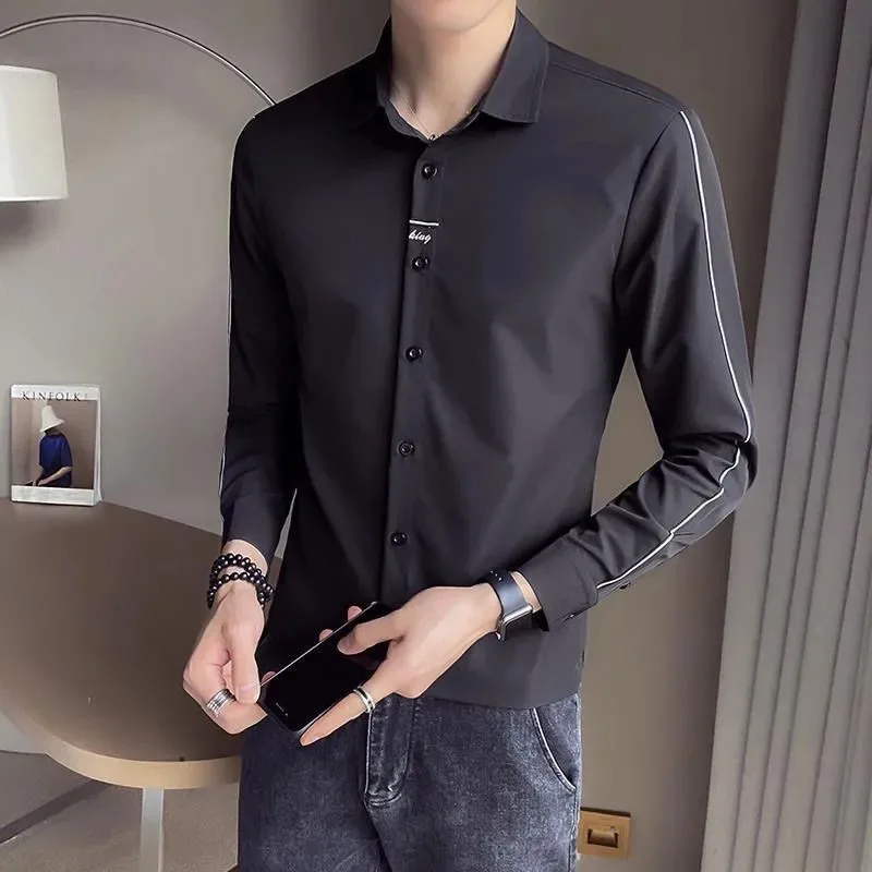 Men's Slim Fit Black Long Sleeve Shirt with Side Stripes Casual Business Formal Shirt