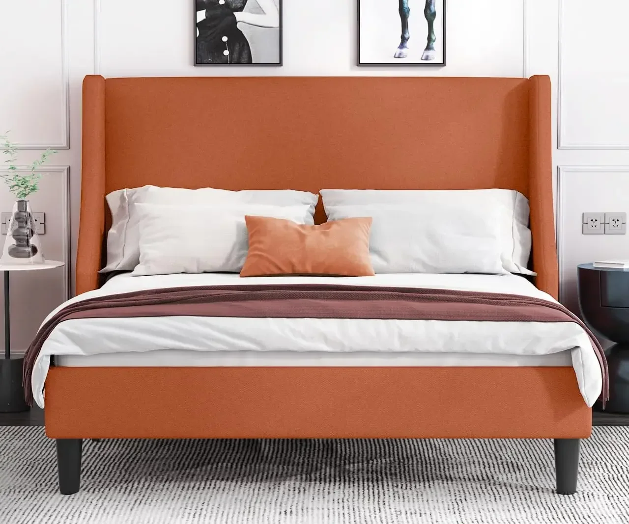 Platform Bed Frame Queen Size dengan Headboard berlapis kain, sayap Deluxe Modern, penopang Slat kayu, Alas Bedak