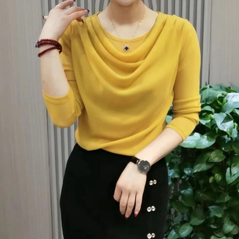 Fashion Simplicity Women\'s Solid Color Pile Collar T-shirt 2023 Autumn Casual All-match Gauze Spliced Slim Tops Female Clothing