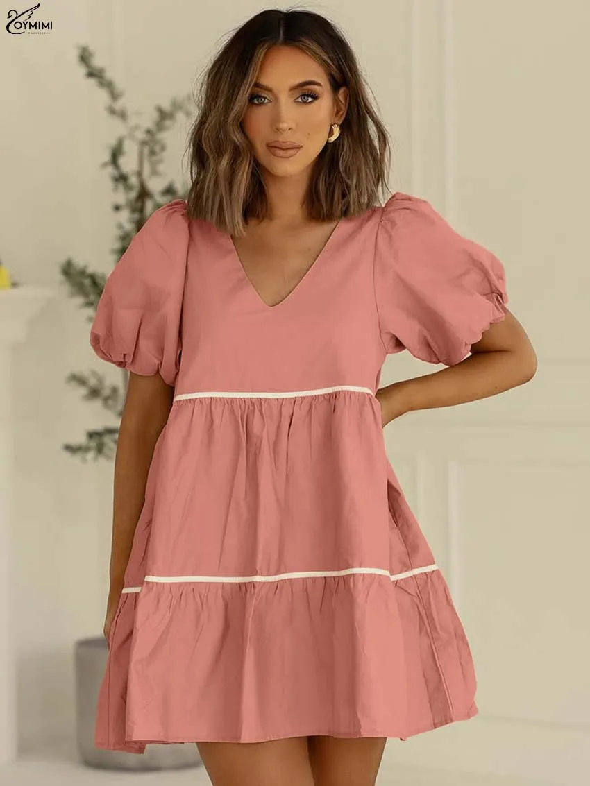 

Oymimi Fashion Orange V-Neck Womens Dresses Casual V-Neck Patchwork Short Sleeve Dresses Elegant New Loose Mini Dress Streetwear