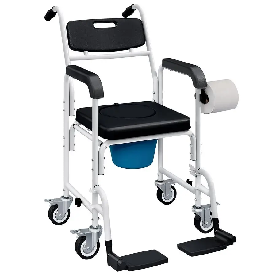 Shower Chair with Wheels 4 in 1, Bedside Commode Wheelchair with Seat, Backrest, Arms, Shower Commode Chair for Seniors, Adults,