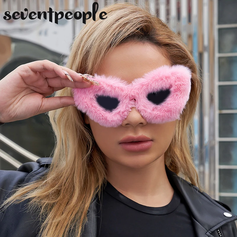 Modische Katzenaugen-Sonnenbrille für Damen 2026 Luxus-Markendesigner Rosa Weiche Fell-Samt-Sonnenbrille für Damen Handgefertigte Plüsch-Brillen – Detail 2