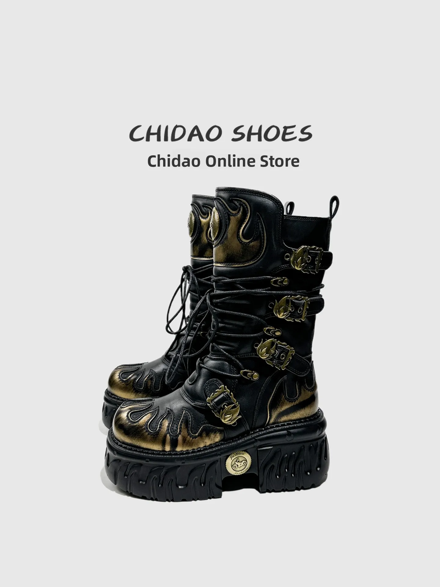 

Street Sle Mid-Calf ex Boots Punk Ro Gothic Metal Thi Bot Work Boots Faionable Waterproof Rubber Sole