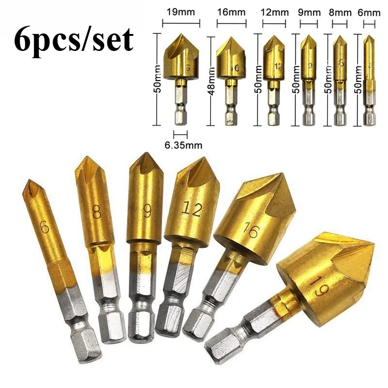 6pcs/set Hexagonal Handle Titanium Plated Five Edge Chamfering Knife Countersunk Drill 6-19mm Woodworking Spot Facer Tool Set ﻿