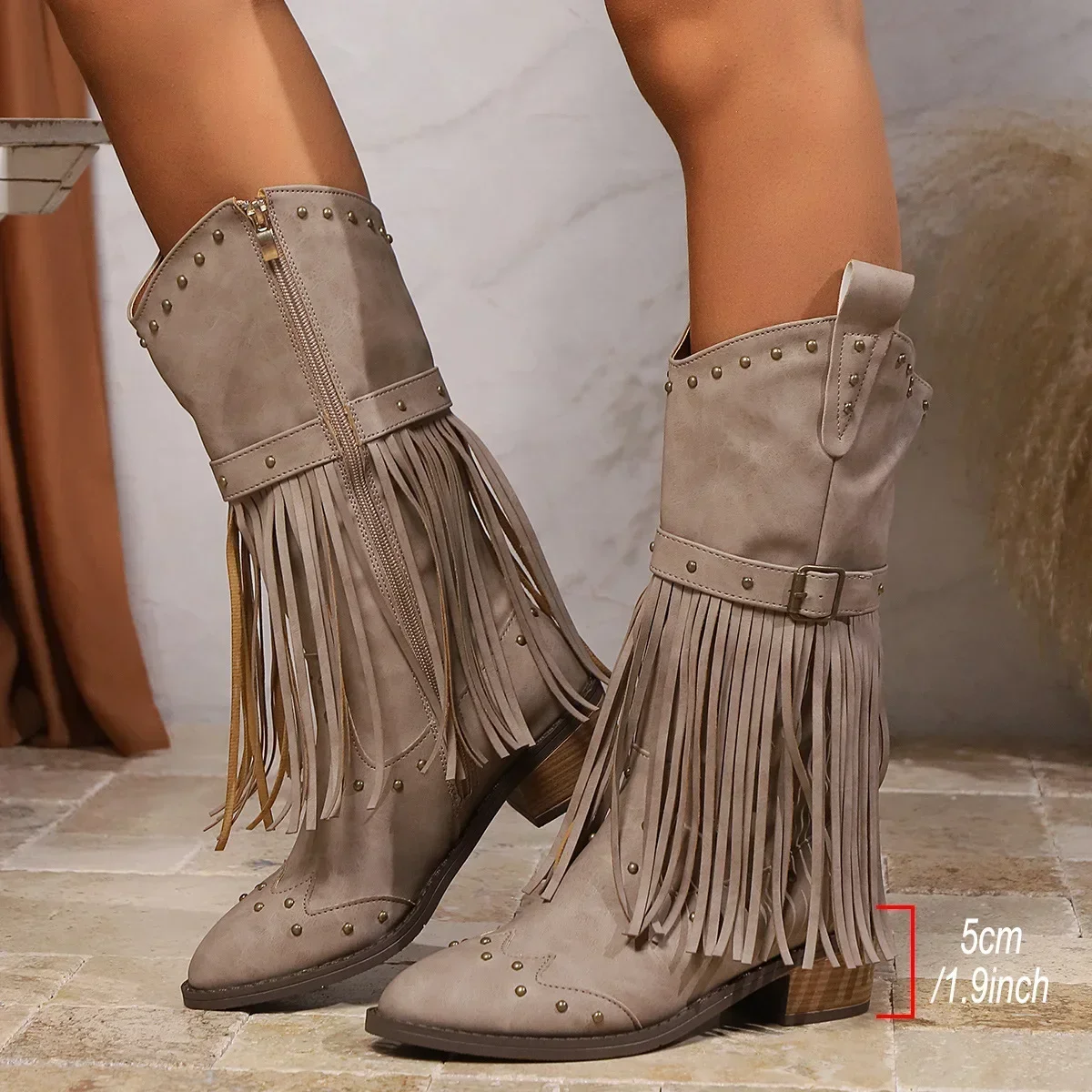 

Women's Retro Chunky Heeled Long Boots Rivet Belt Buckle Mid-calf Boots Woman Autumn Winter Tassel Knee High Boot Plus Size 42