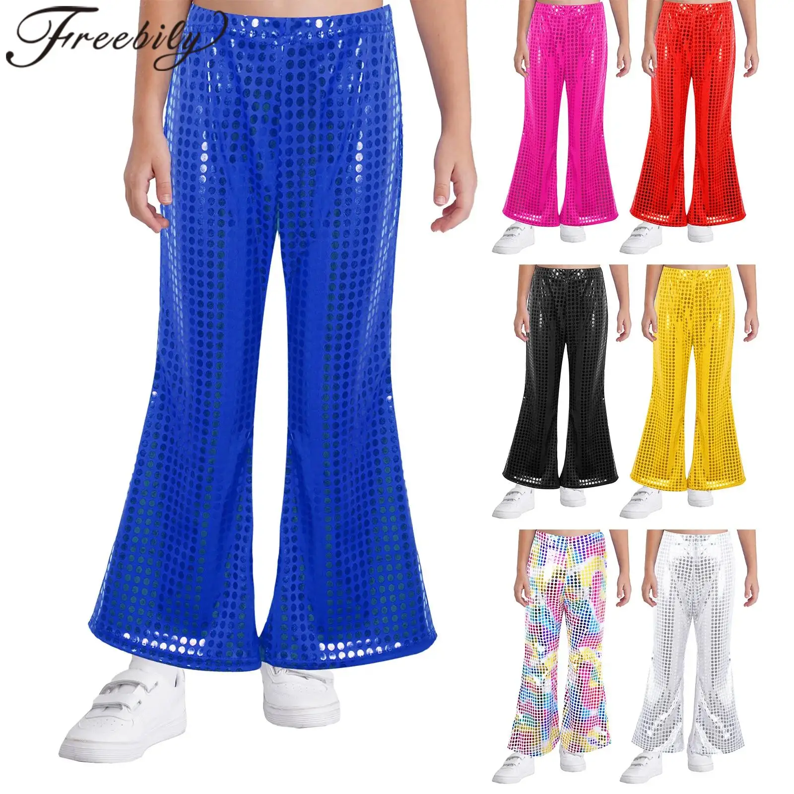 

Girls Shiny Sequins Flares Trousers Fashion Kids Pants Childrens Jazz Dance Costume Hip Hop Clothes Stage Performance Dancewear