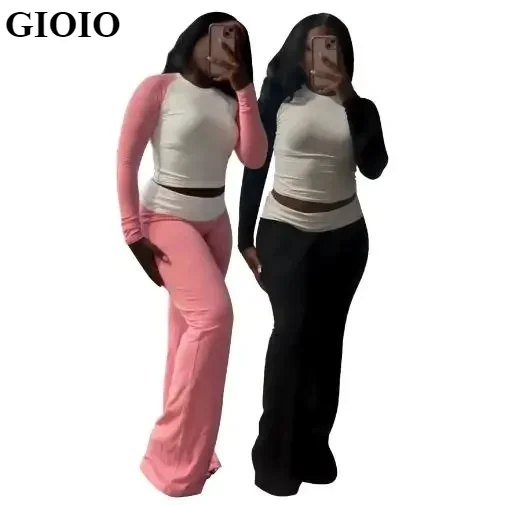 

GIOIO 2024 Autumn and winter contrasting tight fitting high waisted folded slim fit pants with fleece two-piece set